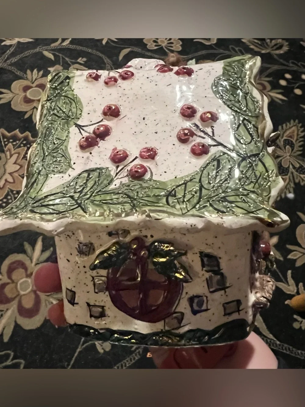 Blue Sky Heather Goldminc Christmas Cottage Tealight House Holly Berry Vintage